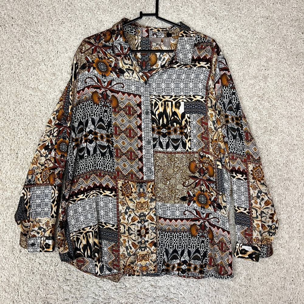 Chicos Button Down Top Womens Size 3 US XL Patterned Artsy Career Relaxed Fit